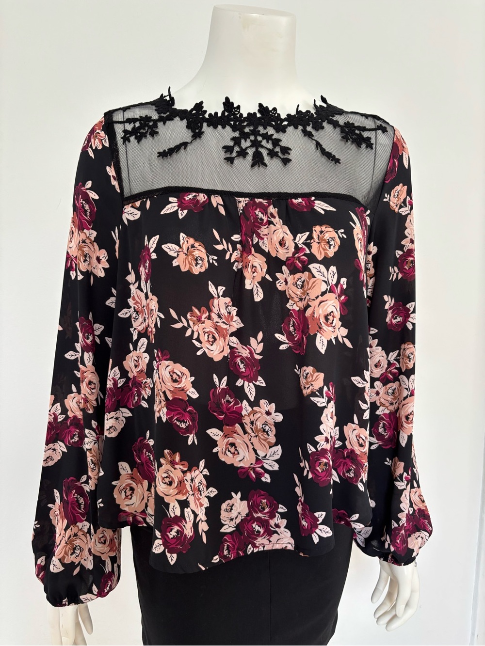 Charlotte Russe Black Blouse with Pink & Burgundy Floral Print